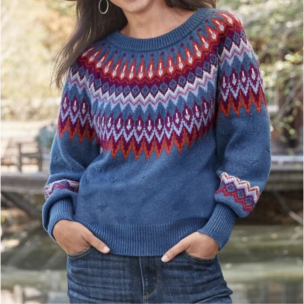 Sundance Eloise Fair Isle Wool Blend Sweater Womens M Blue Red Nordic Stitch